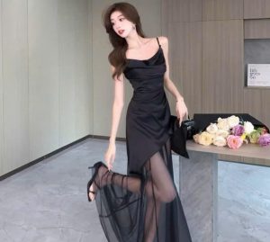 đầm lụa 2 dây phối voan