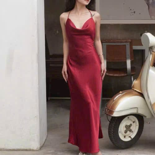 đầm dây lụa màu đỏ mận cổ đổ