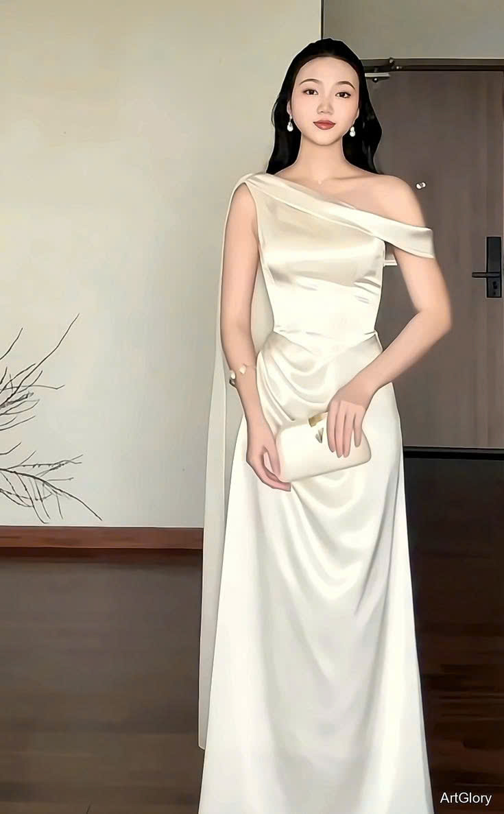 đầm lụa lệch vai có tà