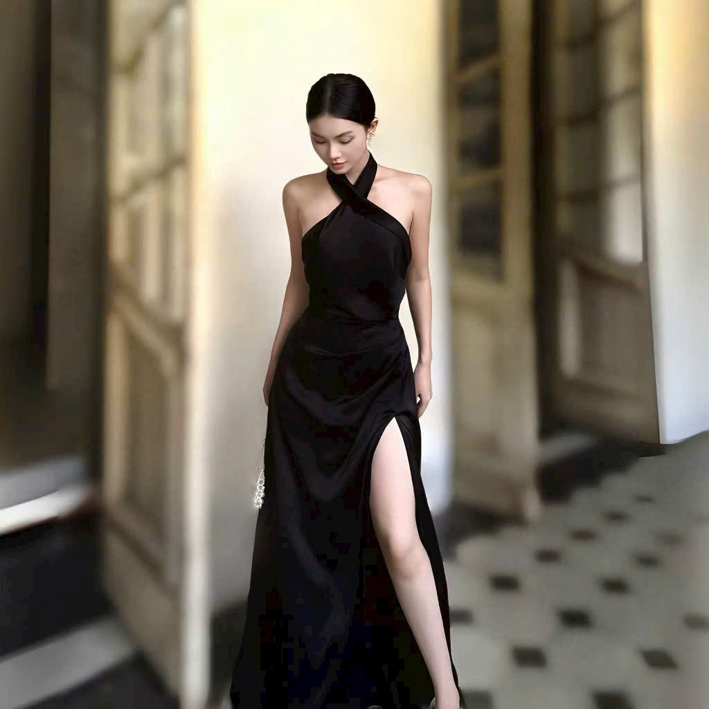 Những mẫu đầm dự tiệc đẹp đầm dài xẻ tà cao Mooné Noir