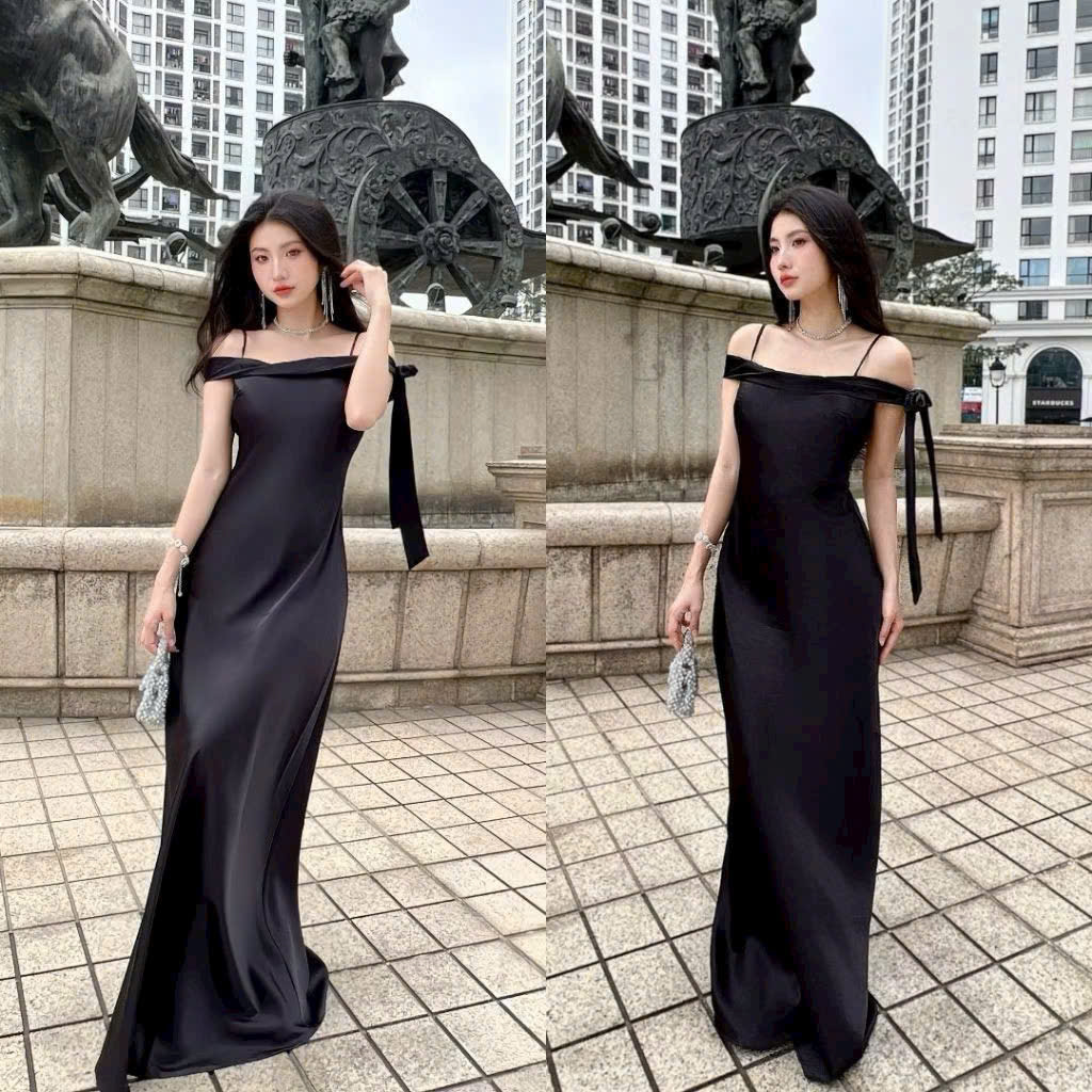 những mẫu đầm lụa đẹp màu đen trễ vai