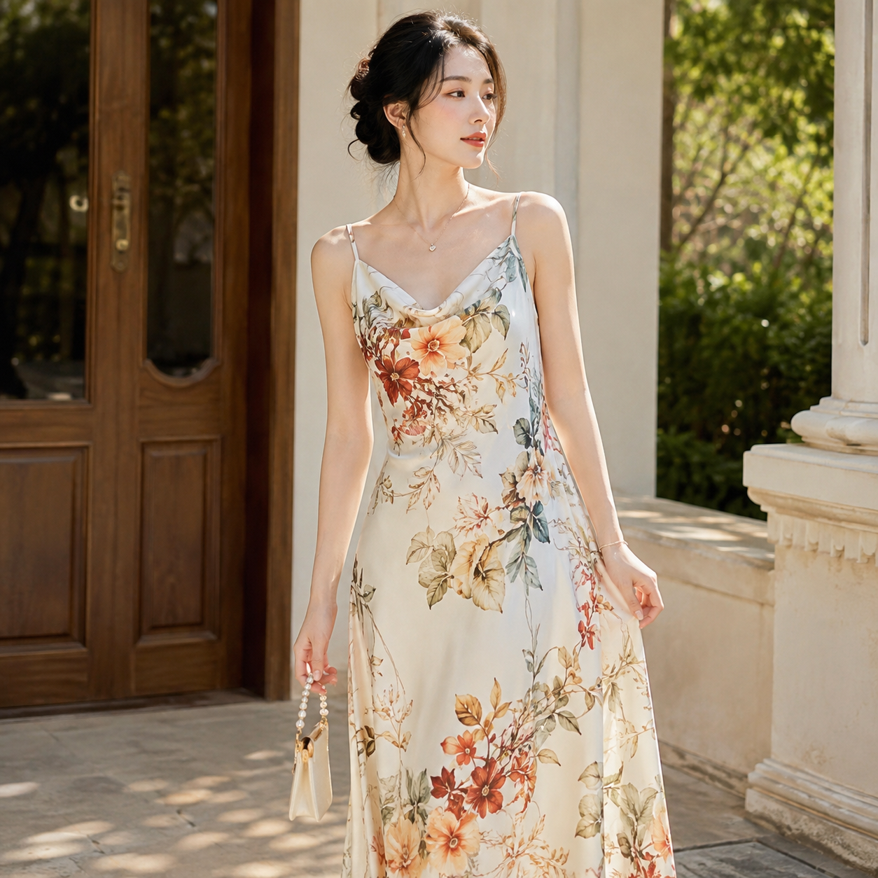 Vay hoa satin trong san vuon co dien