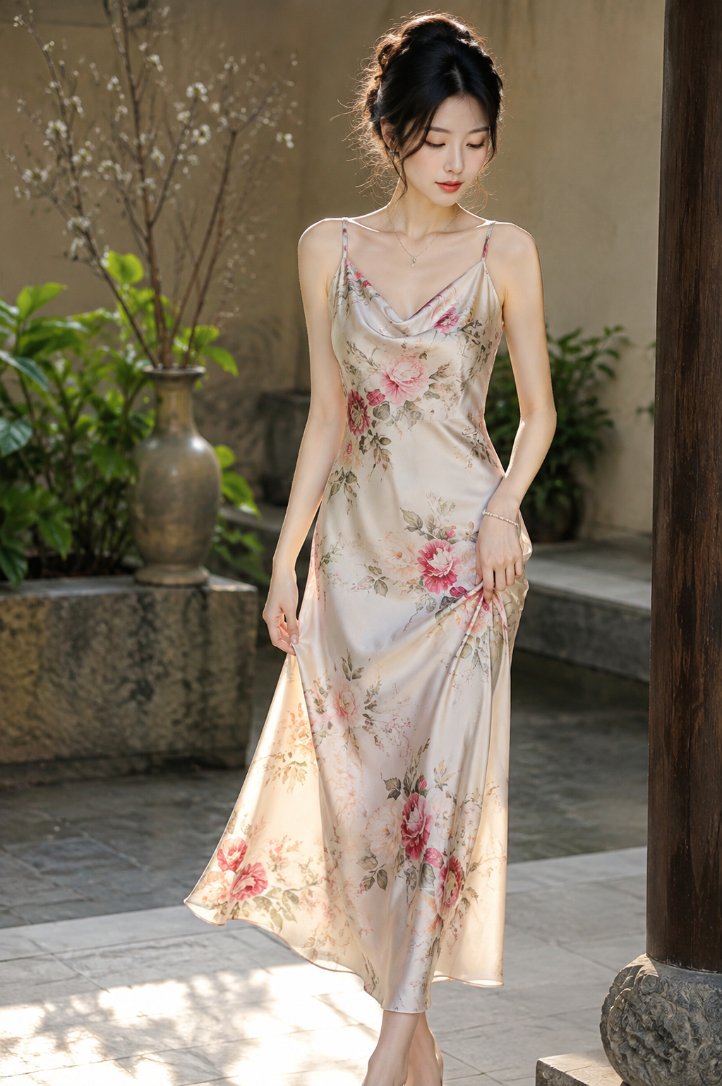 Váy hoa bên hiên vườn yên bình